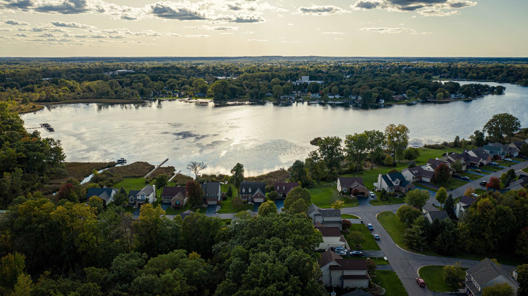 View of the Lakeshore Pointe neighborhood lake at dawn